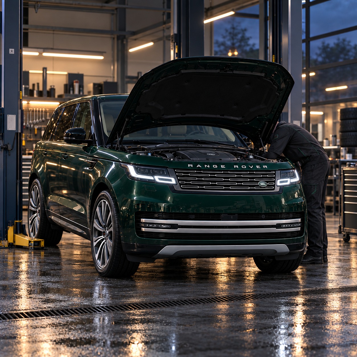 Range Rover с открытым капотом в сервисном боксе