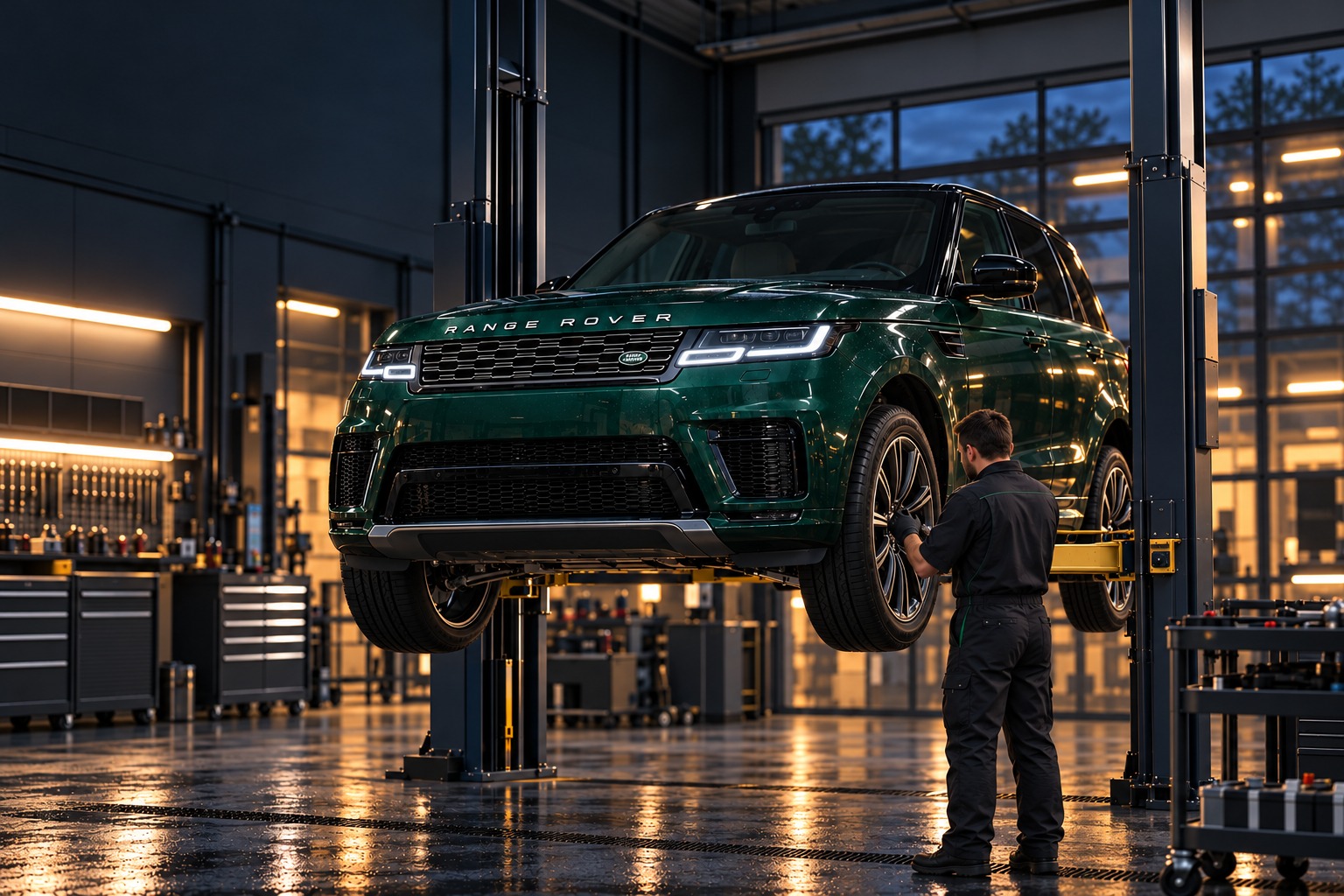 Осмотр ходовой части Range Rover на подъёмнике