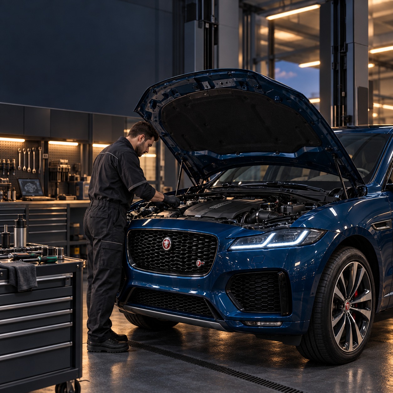 Мастер осматривает подкапотное пространство Jaguar