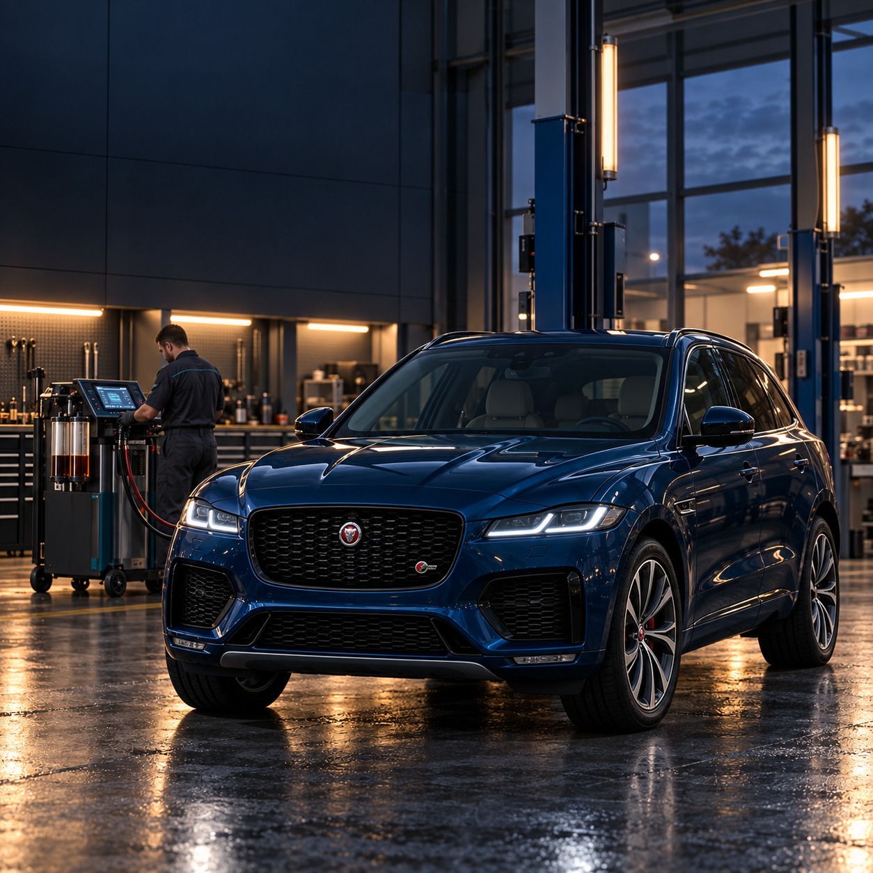 Jaguar рядом с оборудованием для обслуживания трансмиссии