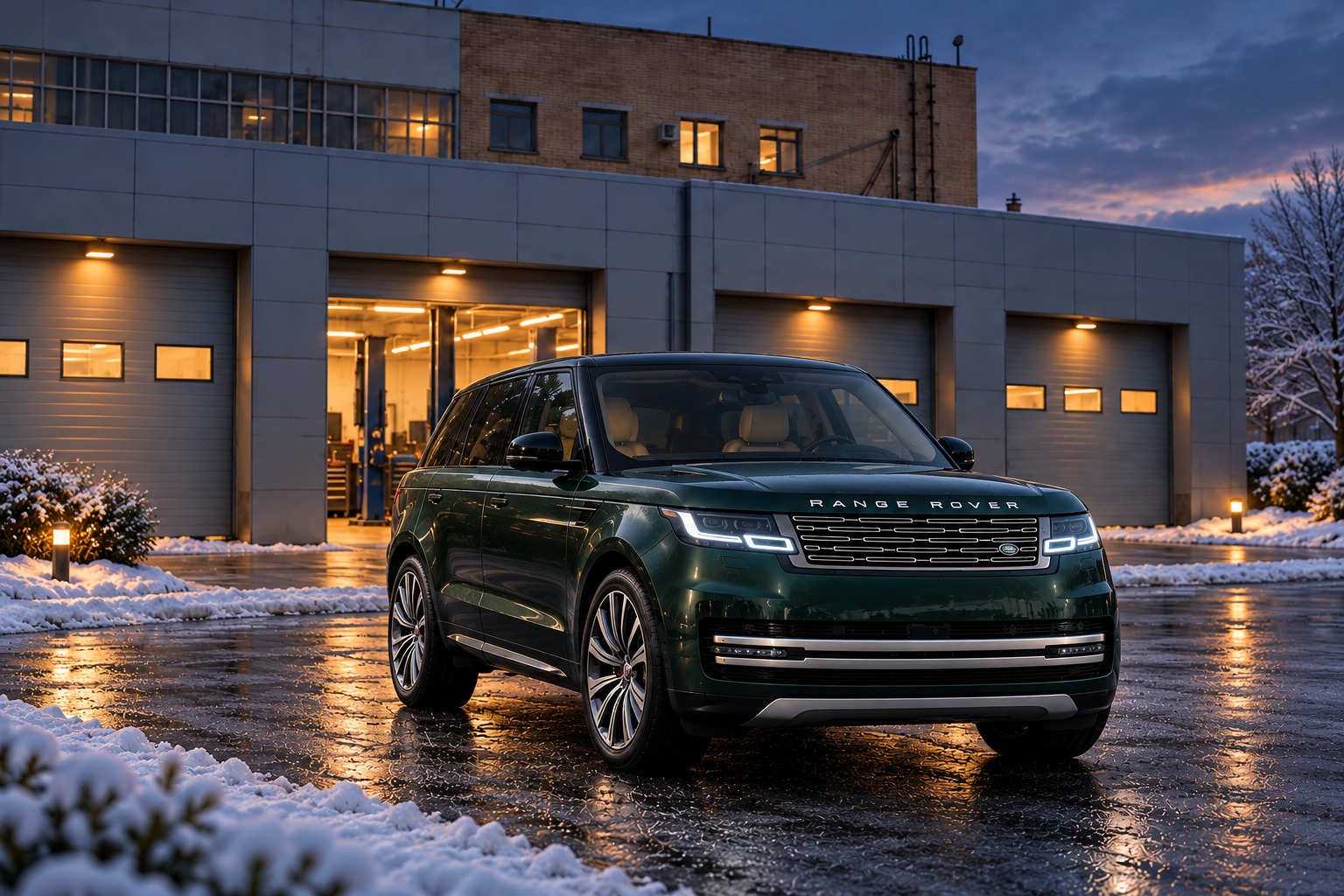 Range Rover у мастерской зимним вечером