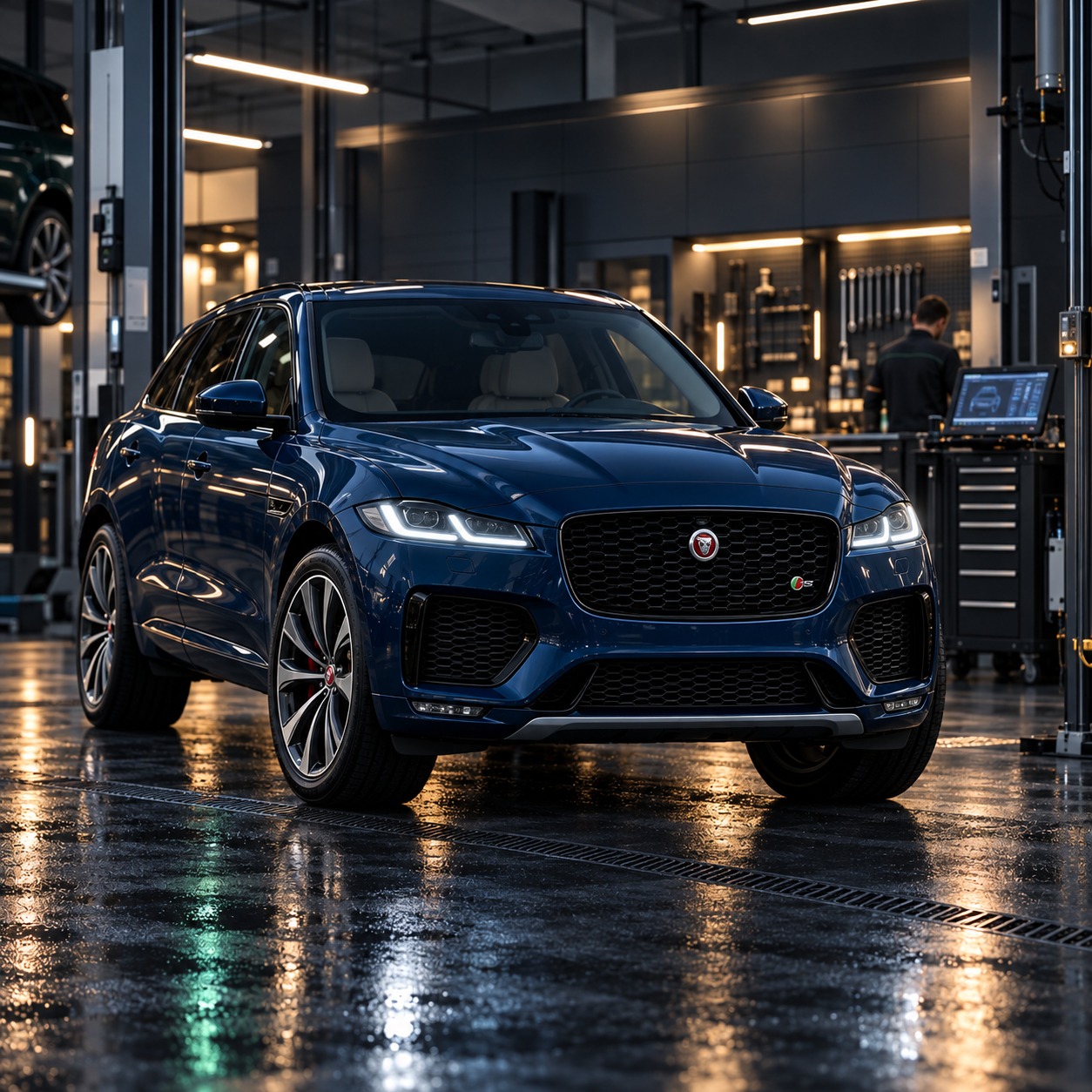 Jaguar в сервисном боксе с диагностическим оборудованием