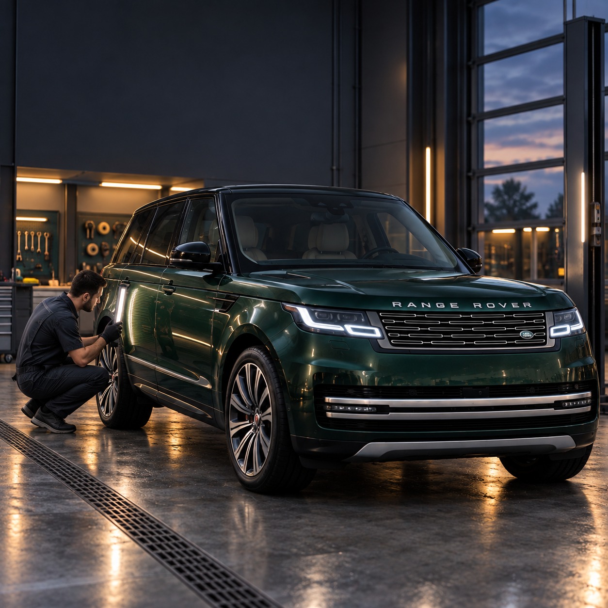 Осмотр кузовной панели Range Rover в сервисном боксе